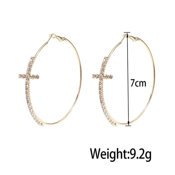 Silver Hoops with Rhinestone Studded Cross, Alloy - Picture 3 of 6
